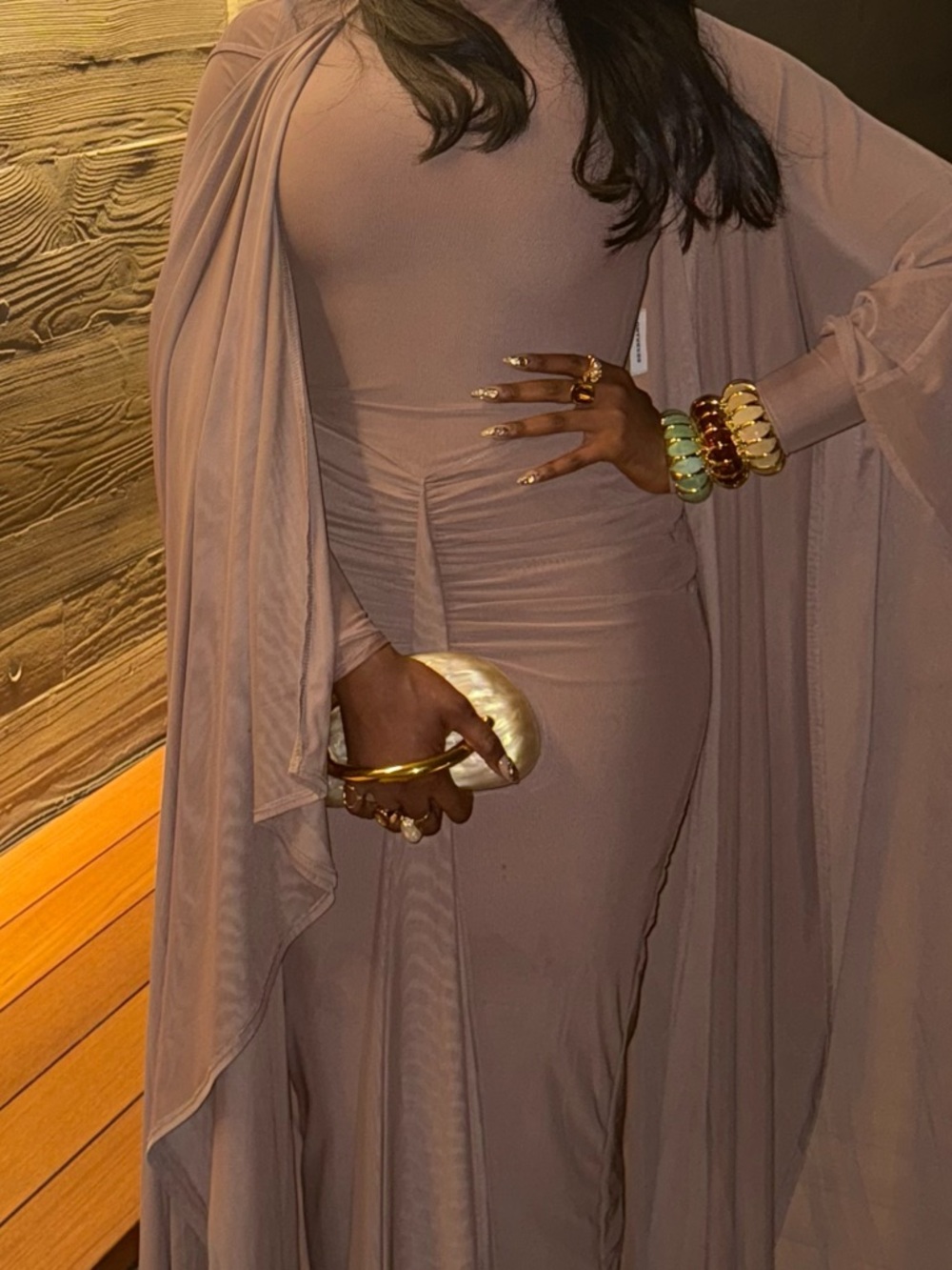 Elegant Taupe Cape Maxi Dress - Women's Evening Gown with draped cape - 2 pieces